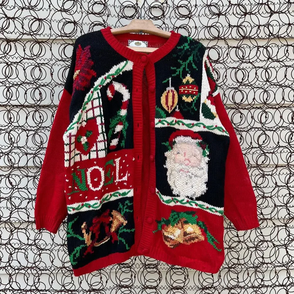 Vintage 90s Tiara Noel Santa Clause Christmas button down cardigan sweater LARGE